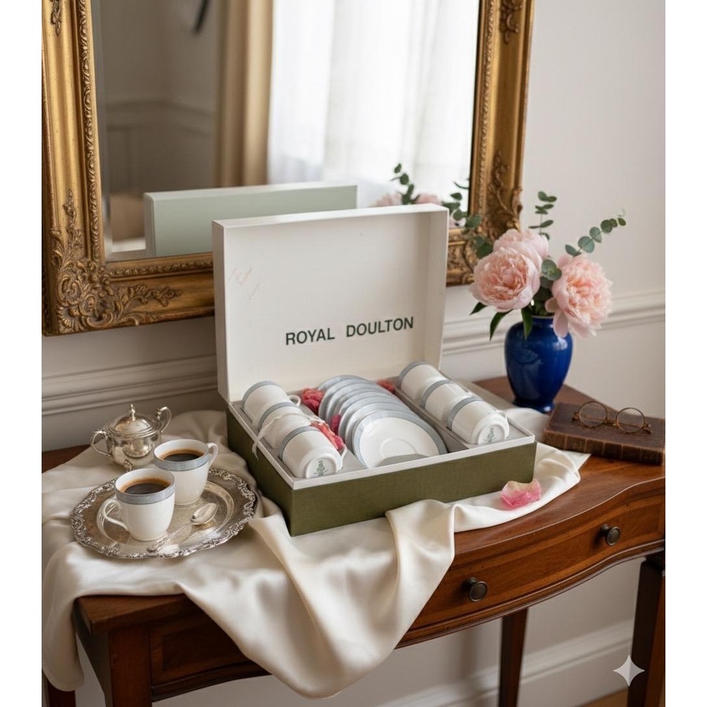 Royal Doulton Etude H.5003 Bone China Espresso Cup‎ Saucer Set of 6 with Box